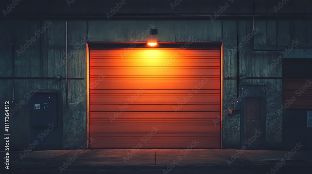 Illuminated orange roll-up door in a dark building at night. Illuminated orange roll-up door in a dark building at night.