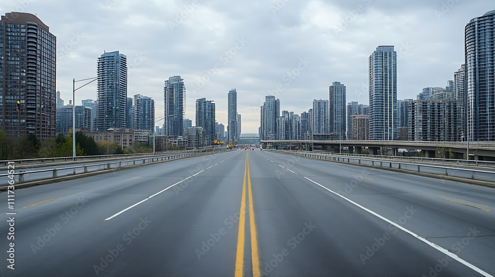 Empty urban road leading to a city skyline under a cloudy sky : Generative AI Empty urban road leading to a city skyline under a cloudy sky : Generative AI