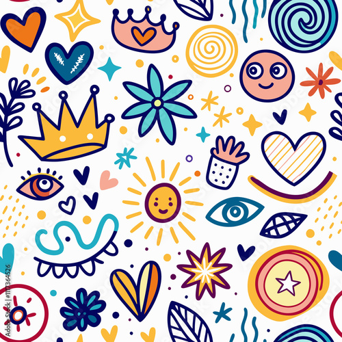 Colorful doodle seamless pattern with hearts, crowns, flowers, sun, eyes, and stars on white background.