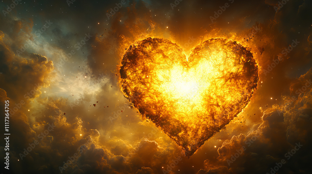 vibrant heart shaped explosion radiates warmth and energy in cosmic setting, surrounded by clouds and stars, evoking feelings of love and wonder vibrant heart shaped explosion radiates warmth and energy in cosmic setting, surrounded by clouds and stars, evoking feelings of love and wonder