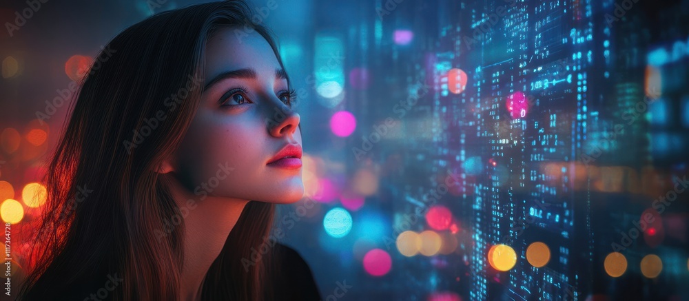 A young woman gazes upwards at a futuristic cityscape, a sense of wonder and awe on her face. The city lights are blurred and colorful, creating a dreamlike atmosphere.
