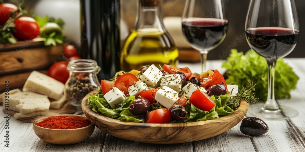 A white wooden table displays a delicious Greek salad, accompanied by olive oil, spices, a bottle of wine, and two wine glasses, creating an inviting dining scene focused on fresh flavors. A white wooden table displays a delicious Greek salad, accompanied by olive oil, spices, a bottle of wine, and two wine glasses, creating an inviting dining scene focused on fresh flavors.
