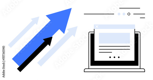 Upward arrows symbolizing growth next to a laptop with a webpage. Ideal for business growth, online success, data analysis, web development, SEO, marketing strategies, digital performance. Line
