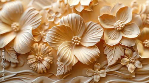 Exquisite close up of various elegant floral blooms in warm amber and golden tones creating a soft delicate and romantic botanical design The intricate petals and textured patterns form a beautiful