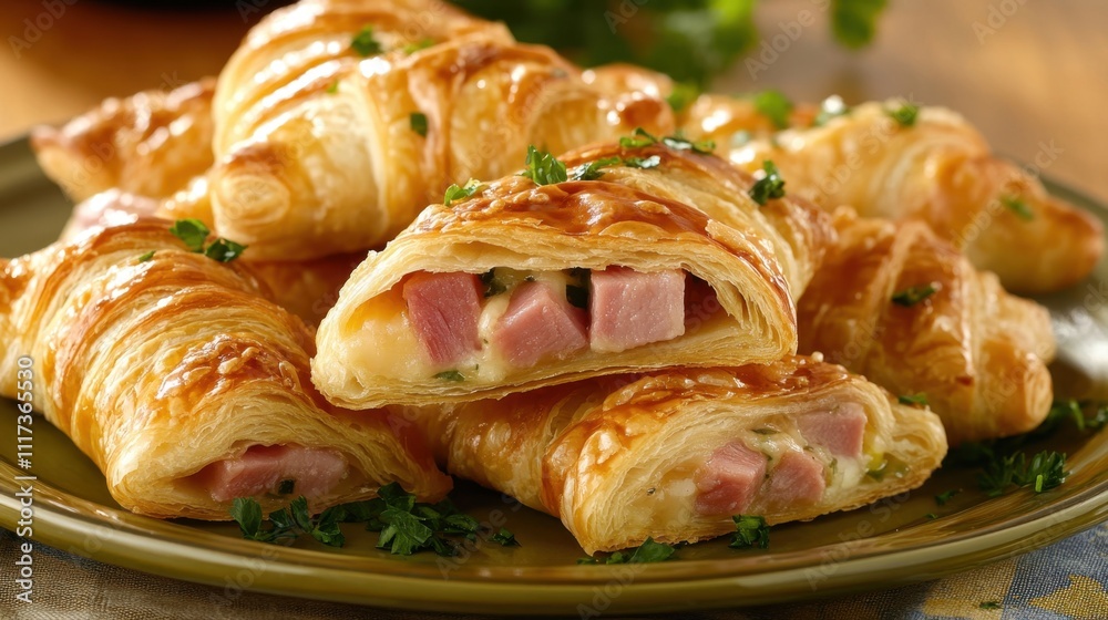 Freshly baked ham and cheese croissants with parsley garnish on a plate Freshly baked ham and cheese croissants with parsley garnish on a plate