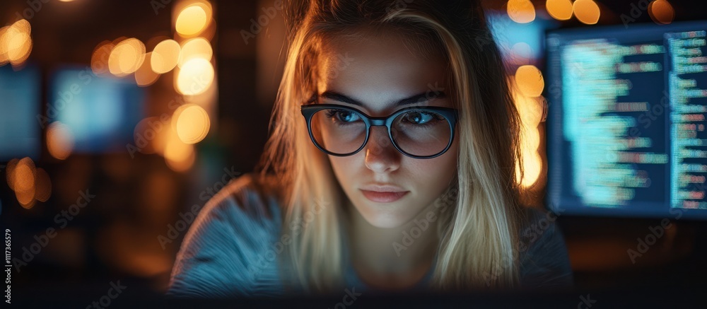 A young woman in glasses, focused on a computer screen, is illuminated by the bright glow of the monitor. A young woman in glasses, focused on a computer screen, is illuminated by the bright glow of the monitor.