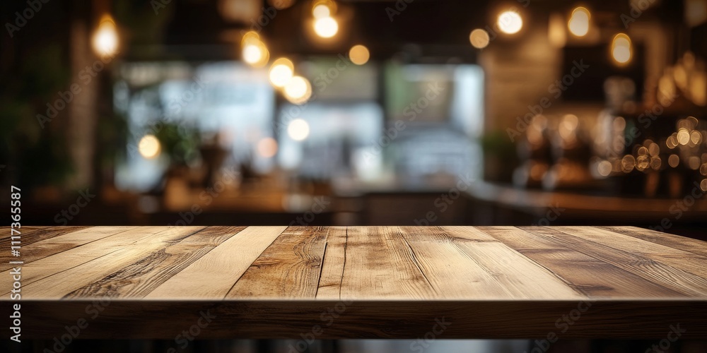 Empty wooden table top offers a perfect product display template against a blurred coffee shop background, enhanced by a beautiful bokeh effect for an inviting atmosphere. Empty wooden table top offers a perfect product display template against a blurred coffee shop background, enhanced by a beautiful bokeh effect for an inviting atmosphere.