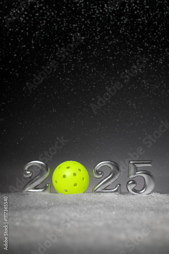 2025 New Year banner with silver numbers and a pickleball on the snow with dark gray background with blurred falling snow. Vertical layout with copy space