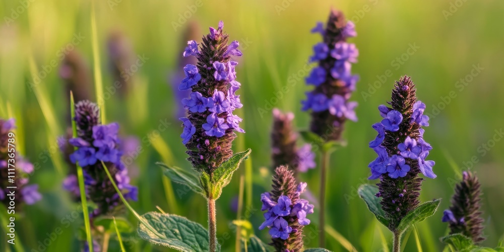 Purple tiny flowers of Common Self heal Prunella vulgaris bloom beautifully in a summer meadow, showcasing the vibrant beauty of Common Self heal in nature during the warm season. Purple tiny flowers of Common Self heal Prunella vulgaris bloom beautifully in a summer meadow, showcasing the vibrant beauty of Common Self heal in nature during the warm season.