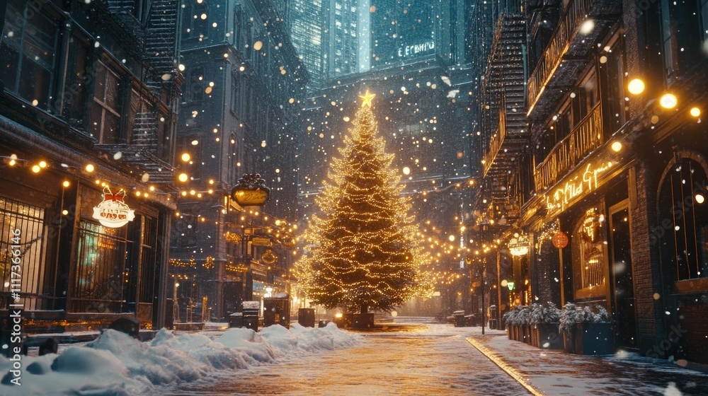 A glowing Christmas tree in a snowy city center, framed by softly falling snow and festive lights strung across nearby buildings. A glowing Christmas tree in a snowy city center, framed by softly falling snow and festive lights strung across nearby buildings.