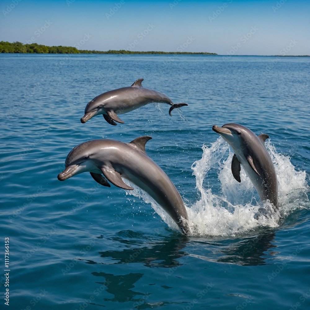 Fototapeta premium A playful group of river dolphins jumping from a clear, white-blue river.