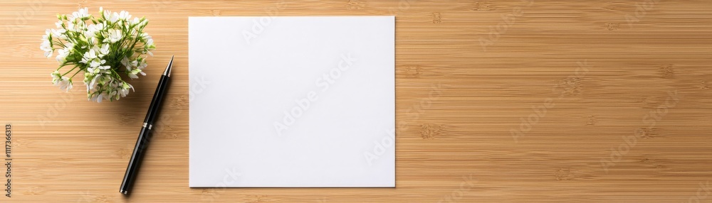 A blank sheet of paper and a pen sit on a wooden surface beside a small flower arrangement, suggesting a creative or reflective workspace. A blank sheet of paper and a pen sit on a wooden surface beside a small flower arrangement, suggesting a creative or reflective workspace.