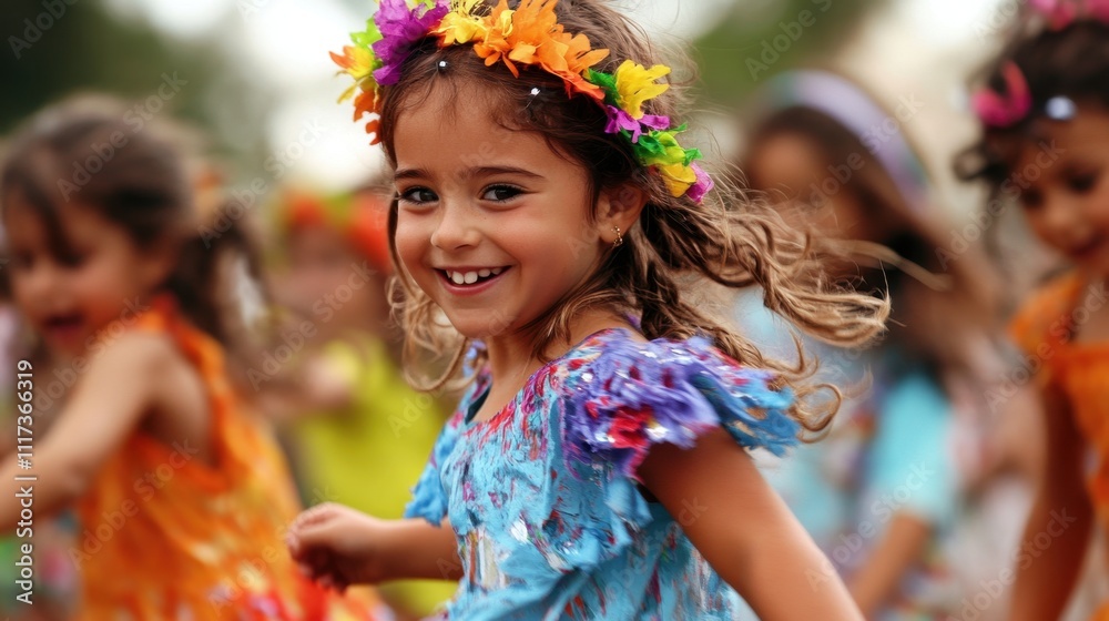 Uruguay Children's Day/Ephiphany Joyful children dancing in colorful costumes with floral crowns celebrating a festival