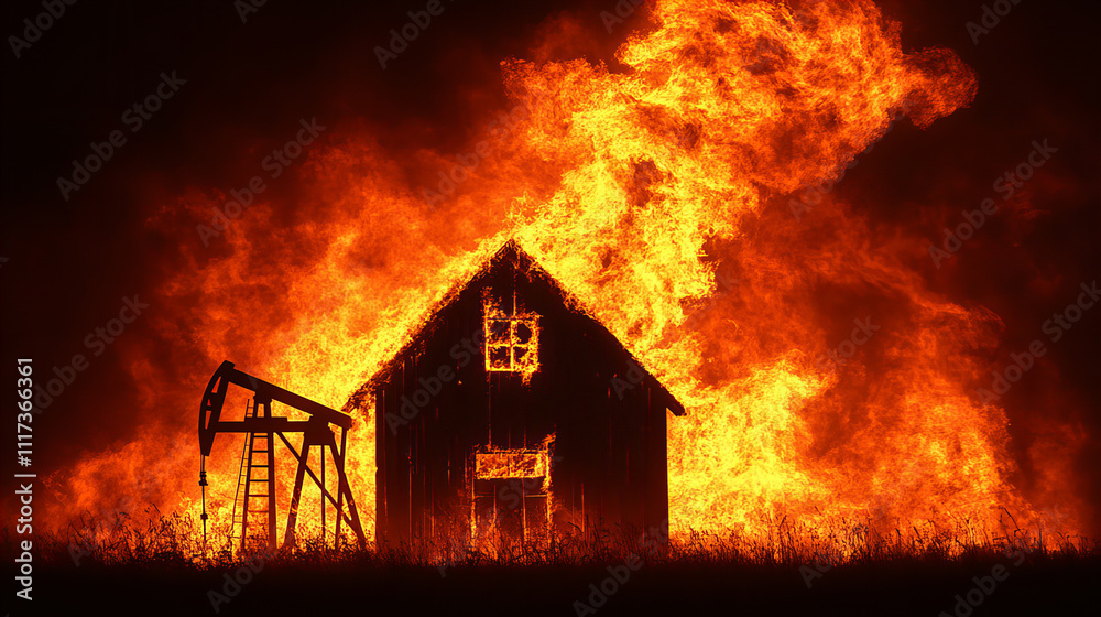 dramatic scene of wooden house engulfed in flames, showcasing intensity of fire. bright orange flames illuminate dark surroundings, creating striking contrast dramatic scene of wooden house engulfed in flames, showcasing intensity of fire. bright orange flames illuminate dark surroundings, creating striking contrast
