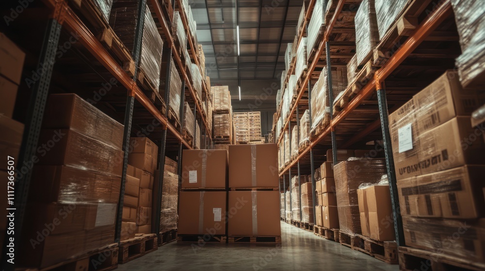 Warehouse Interior with Cardboard Boxes on Shelves Warehouse Interior with Cardboard Boxes on Shelves