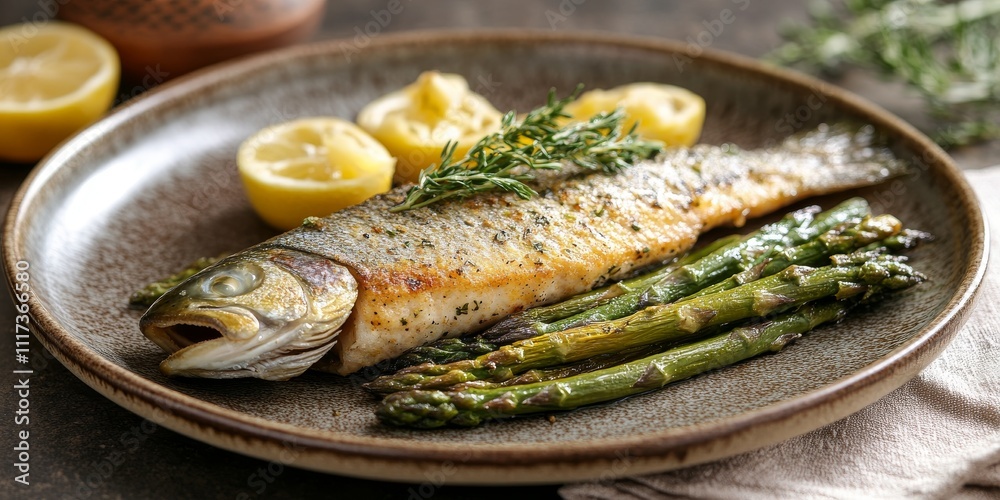 Baked trout with boiled asparagus served on a plate, showcasing the delightful essence of Mediterranean food that brings together fresh flavors and wholesome ingredients of Mediterranean food. Baked trout with boiled asparagus served on a plate, showcasing the delightful essence of Mediterranean food that brings together fresh flavors and wholesome ingredients of Mediterranean food.