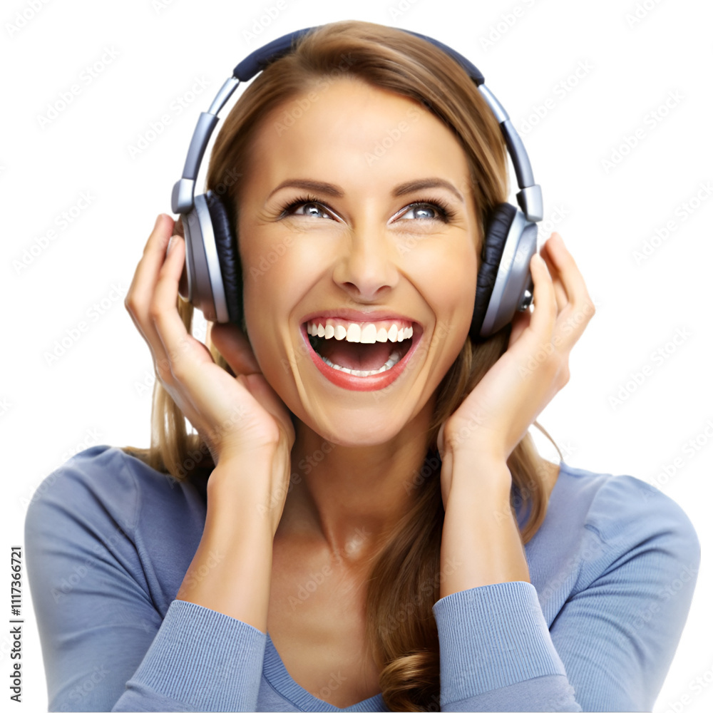 happy woman wearing headphones enjoying music on white happy woman wearing headphones enjoying music on white