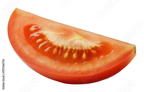 Fresh tomato slice showing juicy seeds and pulp, cut out - stock png. photo