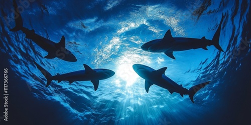 Silhouettes of blue sharks appear gracefully on the ocean s surface when viewed from below, showcasing the beauty and elegance of blue sharks in their natural habitat.