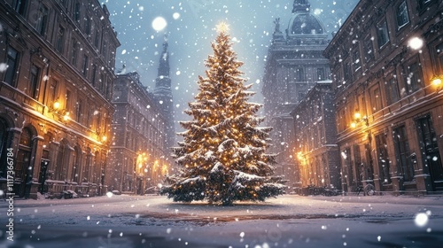 A majestic Christmas tree in a snowy urban setting, surrounded by softly glowing streetlights and historical buildings dusted with snow.