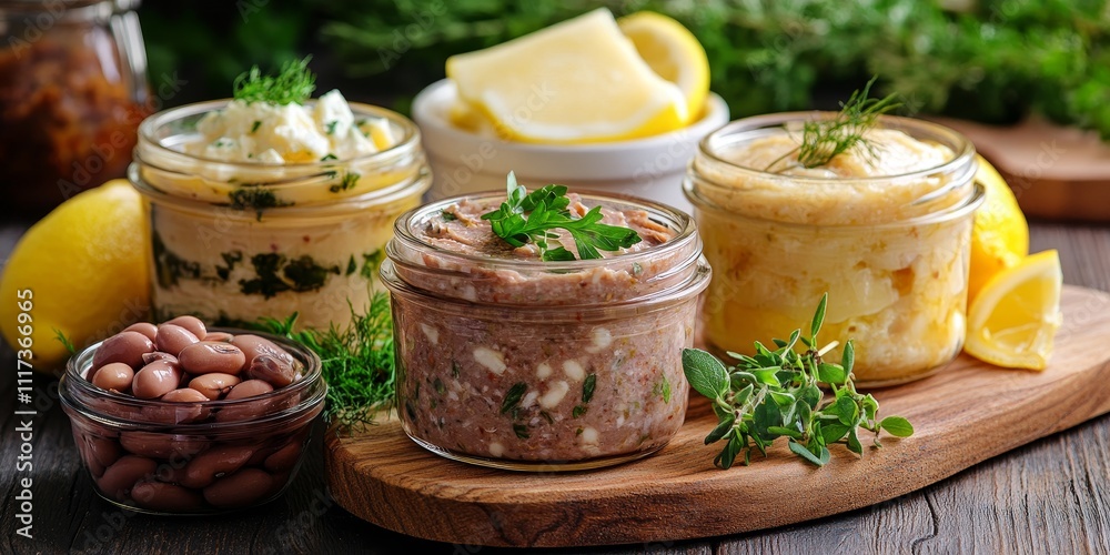 Appetizing homemade vegetarian pate presented in glass jars on a wooden cutting board, accompanied by lemon, cheese, herbs, and a bowl of marinated red beans, highlights the delightful vegetarian Appetizing homemade vegetarian pate presented in glass jars on a wooden cutting board, accompanied by lemon, cheese, herbs, and a bowl of marinated red beans, highlights the delightful vegetarian