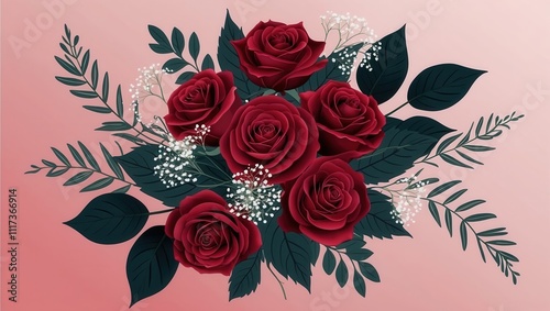 Red roses arranged beautifully with green leaves and delicate white flowers on a soft pink background