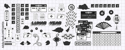 Big set of chinese new year in trendy y2k style in monochrome palette. Old computer aesthetics of 90s, 00s. Retro PC elements, user interface. Vector illustration