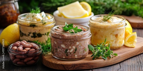 Appetizing homemade vegetarian pate presented in glass jars on a wooden cutting board, accompanied by lemon, cheese, herbs, and a bowl of marinated red beans, highlights the delightful vegetarian