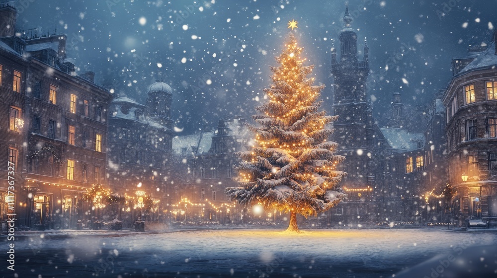 A snow-dusted Christmas tree in the heart of a city square, surrounded by softly illuminated buildings and falling snowflakes. A snow-dusted Christmas tree in the heart of a city square, surrounded by softly illuminated buildings and falling snowflakes.