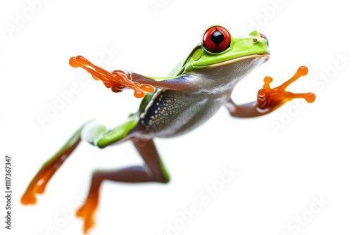 A vibrant green tree frog with red eyes, captured mid-leap against a white background.