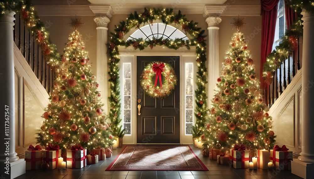 A pair of matching Christmas trees flanking a door with a wreath hanging in the center. A pair of matching Christmas trees flanking a door with a wreath hanging in the center.