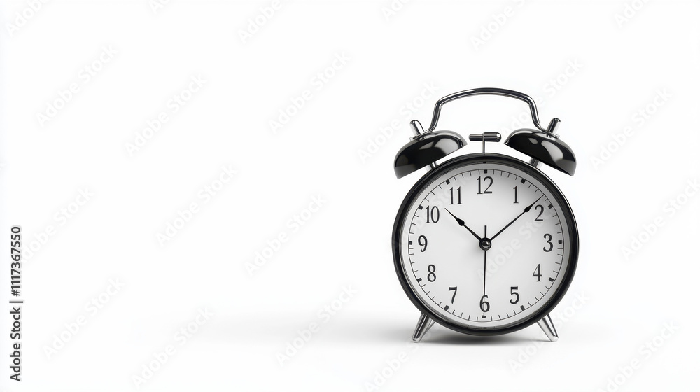 Classic black and white analog alarm clock on a plain white background, showing time clearly, symbolizing punctuality and timeless design. Classic black and white analog alarm clock on a plain white background, showing time clearly, symbolizing punctuality and timeless design.