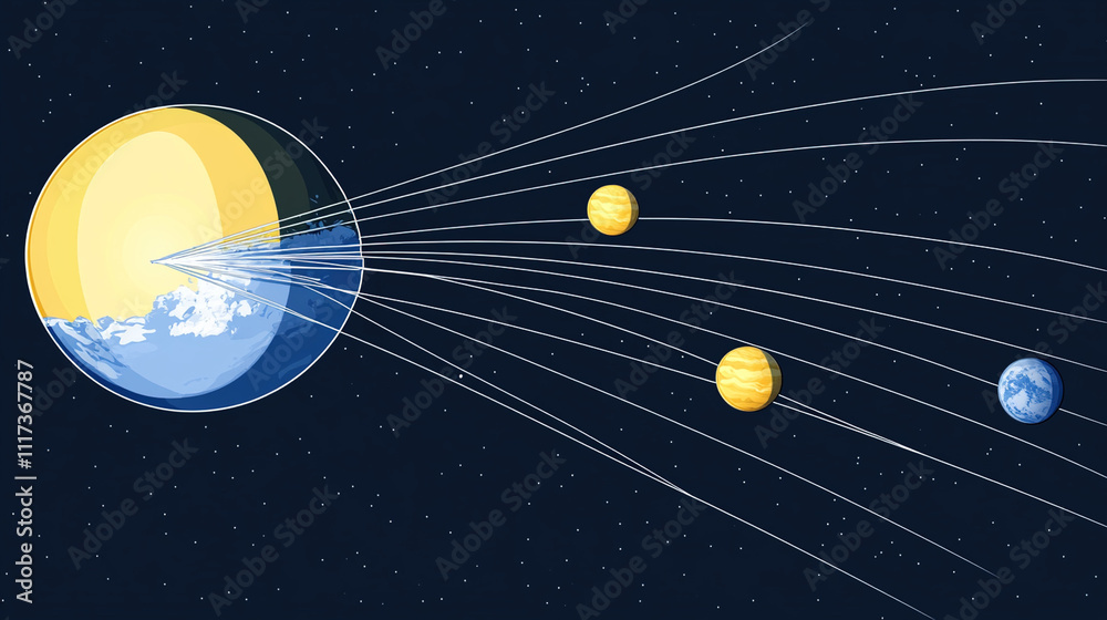Fototapeta premium Earth axis diagram illustration showing the tilt of the Earth's rotational axis relative to its orbital plane, explaining the cause of seasonal changes and the distribution of sunlight.