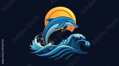 A stylized dolphin leaps above waves with a sunset backdrop, showcasing marine life and beauty. photo