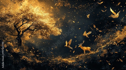 Fototapeta Naklejka Na Ścianę i Meble -  Wall décor with 3D wallpaper art and golden feather deer. Generative Ai