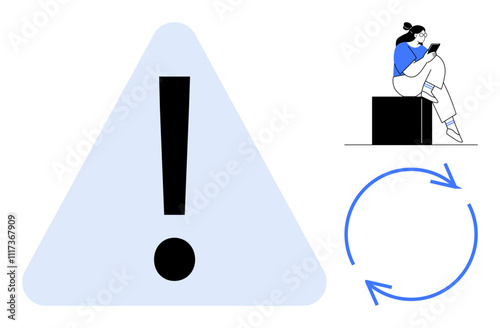 Exclamation mark inside triangle with blue background, woman sitting on a box using smartphone, circular arrows cycle. Ideal for notifications, updates, information alerts, warnings, process cycles photo