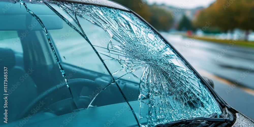 Cracked car window glass on the roadside highlights the risks of road travel. Damaged car window visibility can lead to accidents, emphasizing the importance of car window safety in insurance claims.