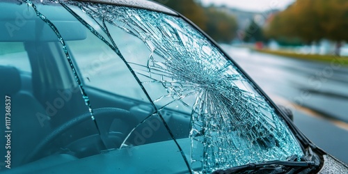 Obraz na płótnie Cracked car window glass on the roadside highlights the risks of road travel. Damaged car window visibility can lead to accidents, emphasizing the importance of car window safety in insurance claims. w salonie