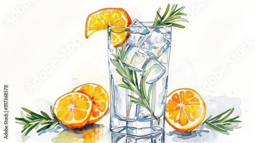 Ginuary Refreshing citrus and rosemary drink watercolor - perfect for summer themes photo