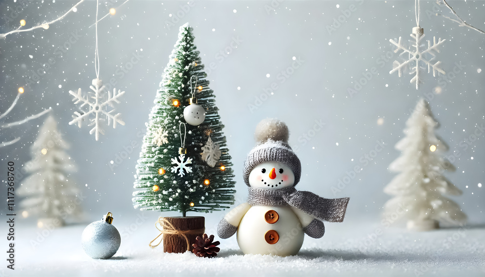 Obraz premium A small snowman beside a simple, decorated Christmas tree, with a snowy white background.