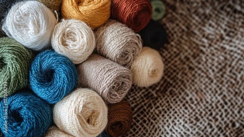 Distaff Day Colorful yarn balls on burlap fabric background for craft and textile projects photo