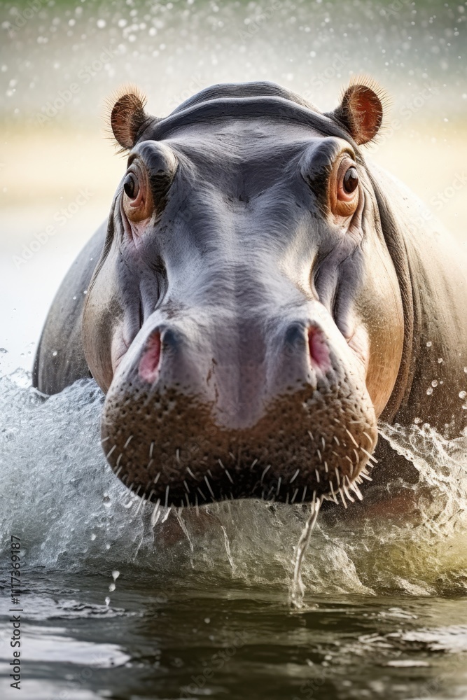 World Hippo Day Majestic hippopotamus emerging from water in natural habitat