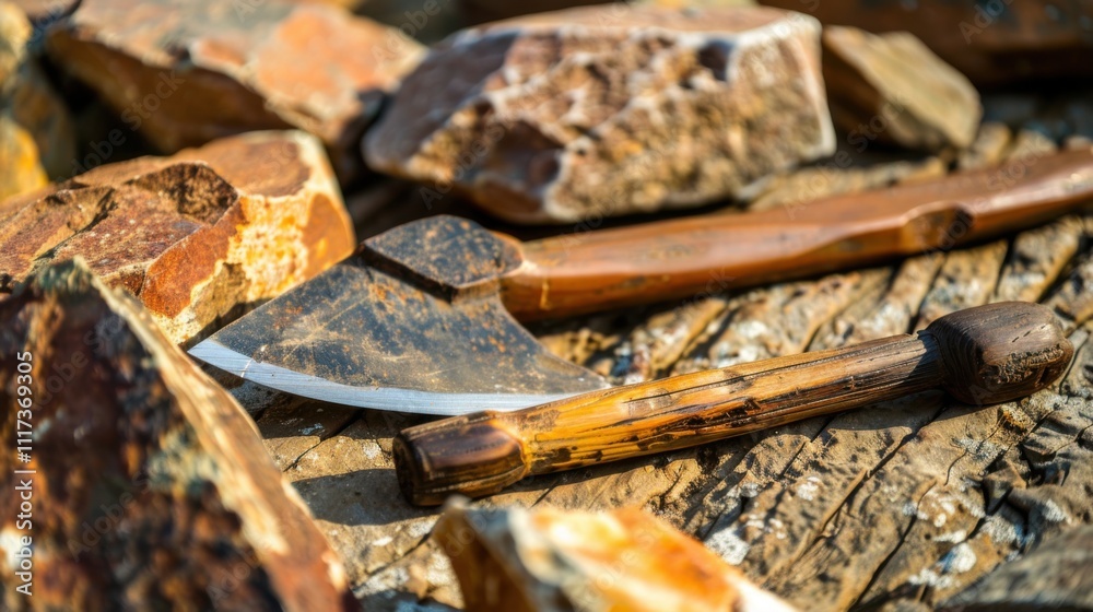 Close-up of ancient stone tools, sharp flint knives, and polished axes on a weathered wooden surface, symbolizing prehistoric craftsmanship and the dawn of human ingenuity Close-up of ancient stone tools, sharp flint knives, and polished axes on a weathered wooden surface, symbolizing prehistoric craftsmanship and the dawn of human ingenuity