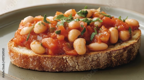 Tomato and White Bean Stew on Toast Delicious bruschetta with white beans and tomato sauce garnished with fresh herbs photo