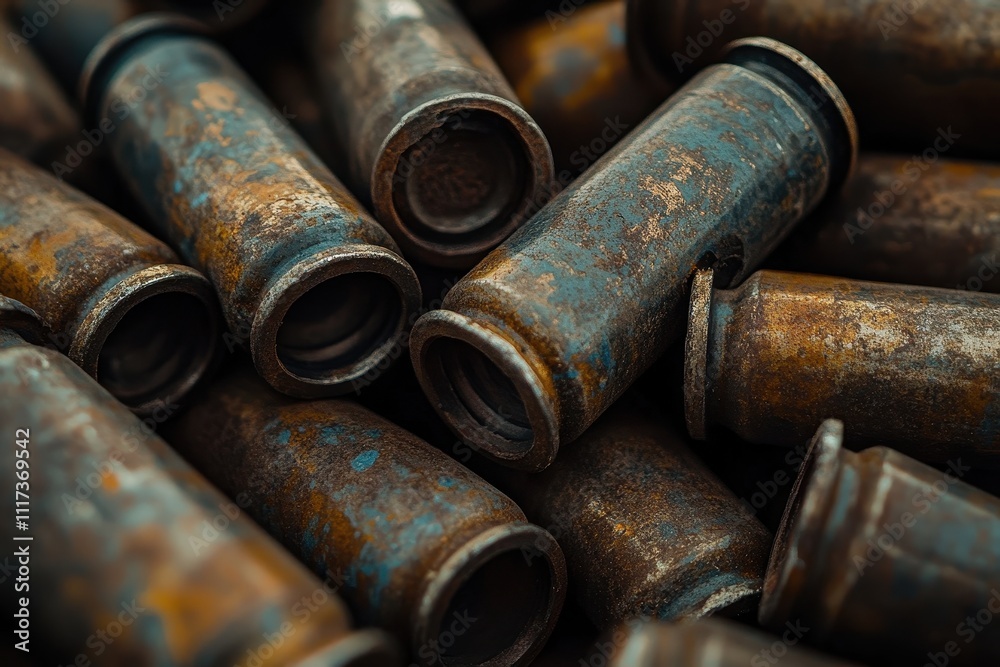 Rusty, spent bullet casings piled high, showing texture and age. Image depicts the aftermath of conflict or the passage of time. Rusty, spent bullet casings piled high, showing texture and age. Image depicts the aftermath of conflict or the passage of time.