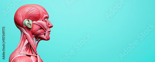 Detailed anatomical model showcasing human facial muscles against a blue background.