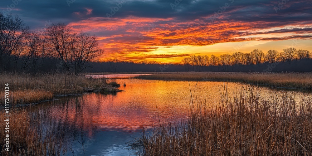 Sunset over the peaceful marsh at Kensington Metropark, showcasing vibrant colors reflecting on the water, creating a serene atmosphere perfect for nature lovers and photographers capturing beautiful Sunset over the peaceful marsh at Kensington Metropark, showcasing vibrant colors reflecting on the water, creating a serene atmosphere perfect for nature lovers and photographers capturing beautiful