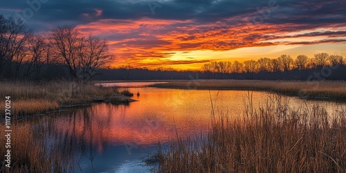 Sunset over the peaceful marsh at Kensington Metropark, showcasing vibrant colors reflecting on the water, creating a serene atmosphere perfect for nature lovers and photographers capturing beautiful