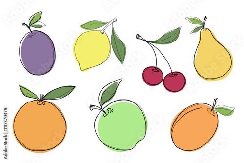 A set of colorful fruits apple, pear, orange, cherry, lemon, plum, apricot hand-drawn, vector, doodle. Line illustration with colored background, flat design. Decorative element for decoration, labels