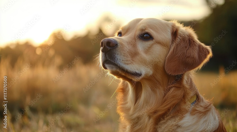 Chip Your Pet Month Golden retriever in a serene sunset meadow Chip Your Pet Month Golden retriever in a serene sunset meadow